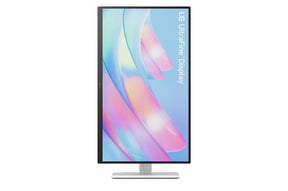 LG 27US500-W Monitor pivot módban elforgatva, talpon. A kijelzőn rózsaszínes világos kék absztrakt ábra és ultrafine display logó.