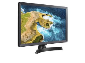 LG 28TL510V-PZ TV Monitor előlnézetben talpon, jobbra fordítva. A kijelzőn sziklás óceán part.