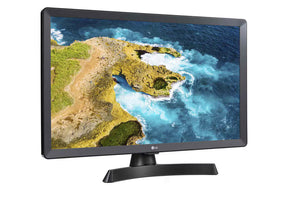 LG 28TL510V-PZ TV Monitor előlnézetben talpon, enyhén jobbra fordítva. A kijelzőn sziklás óceán part.