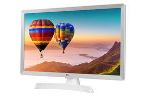 LG 28TL510V-WZ TV Monitor előlnézetben talpon, enyhén balra fordítva. A kijelzőn hegyvidék felett repülő léggömbök.