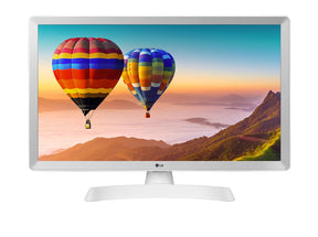 LG 28TQ515S-WZ Smart TV Monitor előlnézetben talpon. A kijelzőn hegyvidék felett repülő léggömbök.