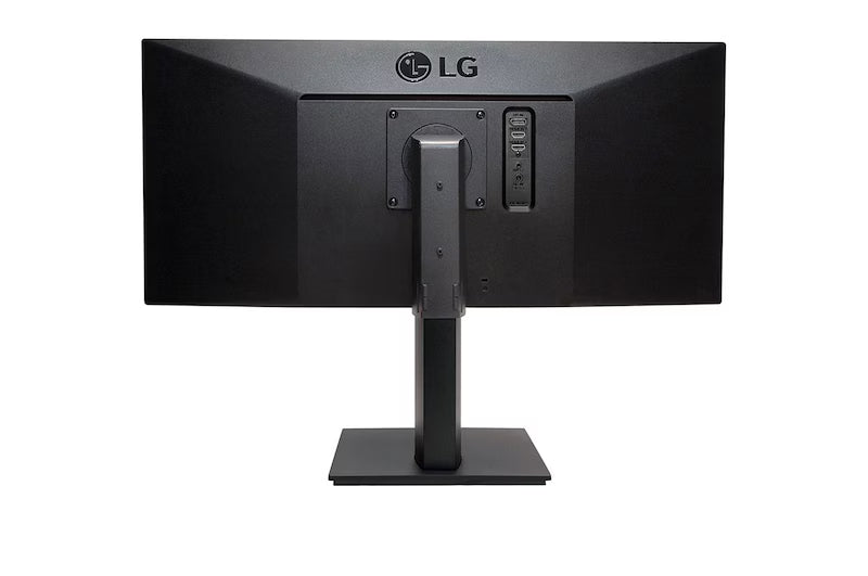 LG 29BN650-B Monitor hátulnézetben, talpon.