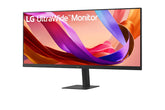 LG 29U511A-B Monitor előlnézetben talpon, enyhén balra fordítva. A kijelzőn lg ultrawide logó.