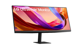 LG 29U511A-B Monitor előlnézetben talpon, enyhén jobbra fordítva és felfelő döntve. A kijelzőn lg ultrawide logó.