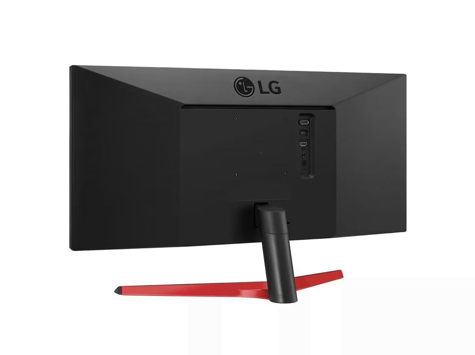 LG 29WP60G-B Monitor hátulnézetben enyhén balra fordítva, talpon.