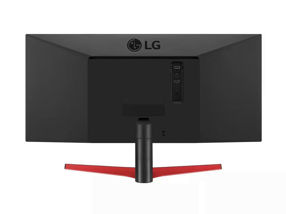 LG 29WP60G-B Monitor hátulnézetben, talpon.