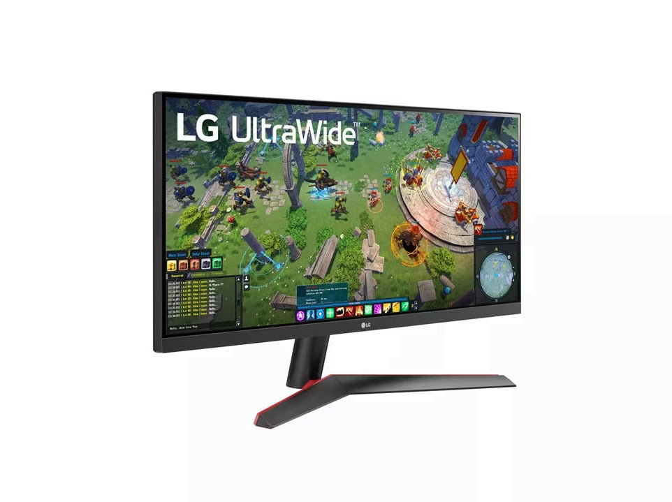 LG 29WP60G-B Monitor előlnézetben jobbra fordítva, talpon. A kijelzőn mmo rpg játék és lg ultrawide logó.