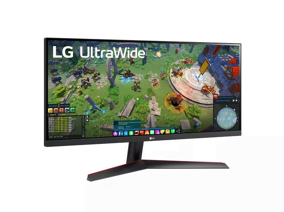 LG 29WP60G-B Monitor előlnézetben enyhén jobbra fordítva, talpon. A kijelzőn mmo rpg játék és lg ultrawide logó.