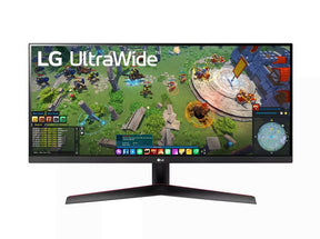 LG 29WP60G-B Monitor előlnézetben, talpon. A kijelzőn mmo rpg játék és lg ultrawide logó.