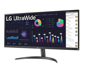 LG 29WQ500-B Monitor előlnézetben talpon, enyhén balra fordítva. A kijelzőn diagramok és üzleti naptár ultrawide logóval.