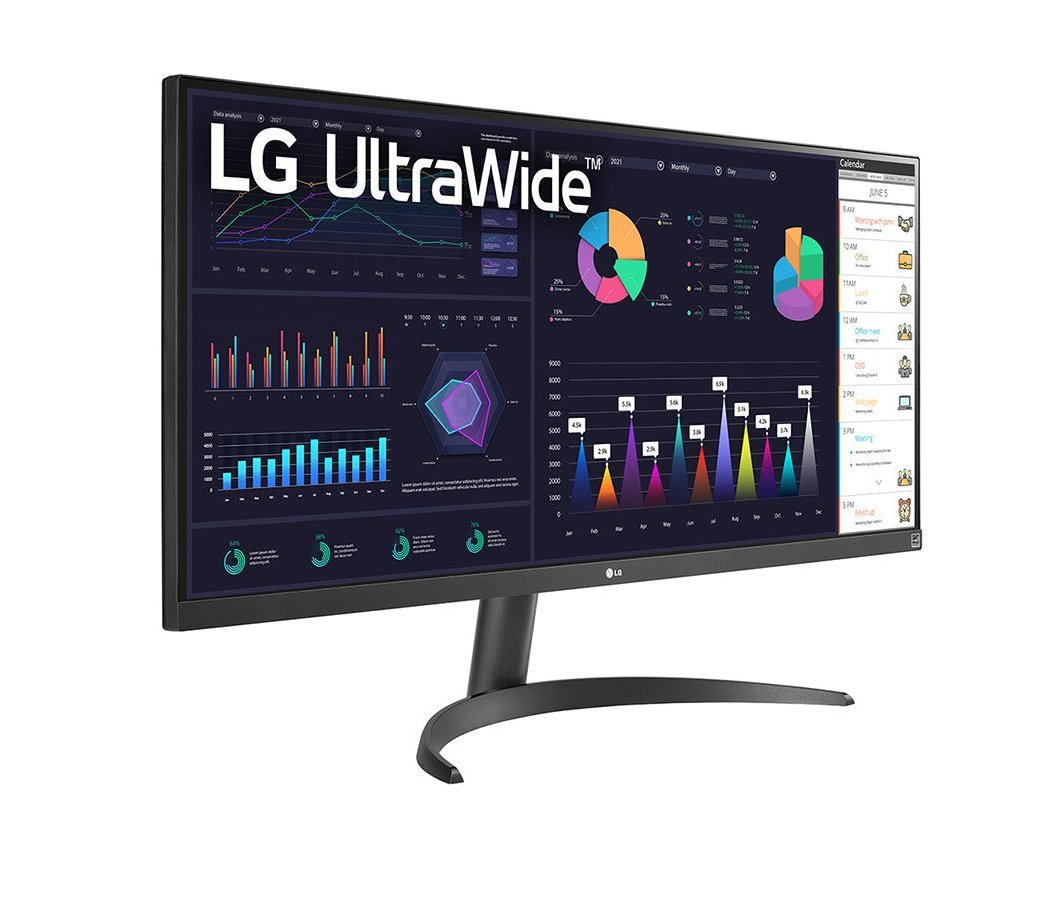 LG 29WQ500-B Monitor előlnézetben talpon, jobbra fordítva. A kijelzőn diagramok és üzleti naptár ultrawide logóval.