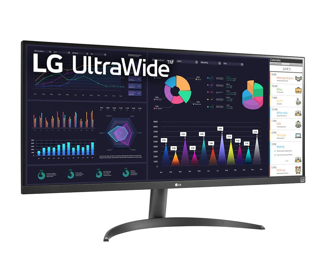 LG 29WQ500-B Monitor előlnézetben talpon, enyhén jobbra fordítva. A kijelzőn diagramok és üzleti naptár ultrawide logóval.