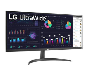 LG 29WQ500-B Monitor előlnézetben talpon, enyhén jobbra fordítva. A kijelzőn diagramok és üzleti naptár ultrawide logóval.