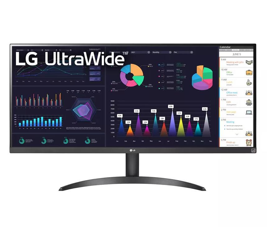 LG 29WQ500-B Monitor előlnézetben talpon. A kijelzőn diagramok és üzleti naptár ultrawide logóval.