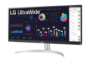 LG 29WQ600-W Monitor előlnézetben enyhén balra fordítva, talpon. A kijelzőn diagramok, naptár és lg ultrawide logó.