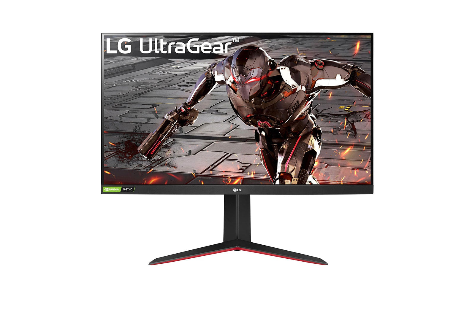 LG 32GN550-B gaming monitor előlnézetben talpon. A kijelzőn robot harcol fegyverrel a kezében az ultragear logó alatt.