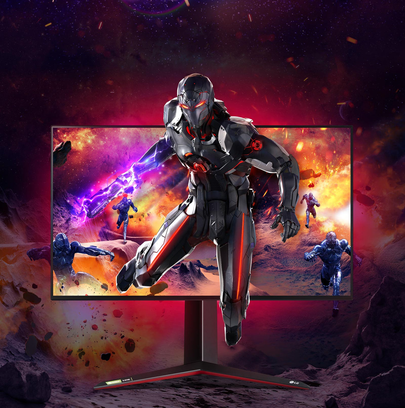 LG 32GP850-B Gaming monitor amin robotok harcolnak egy csatamezőn.