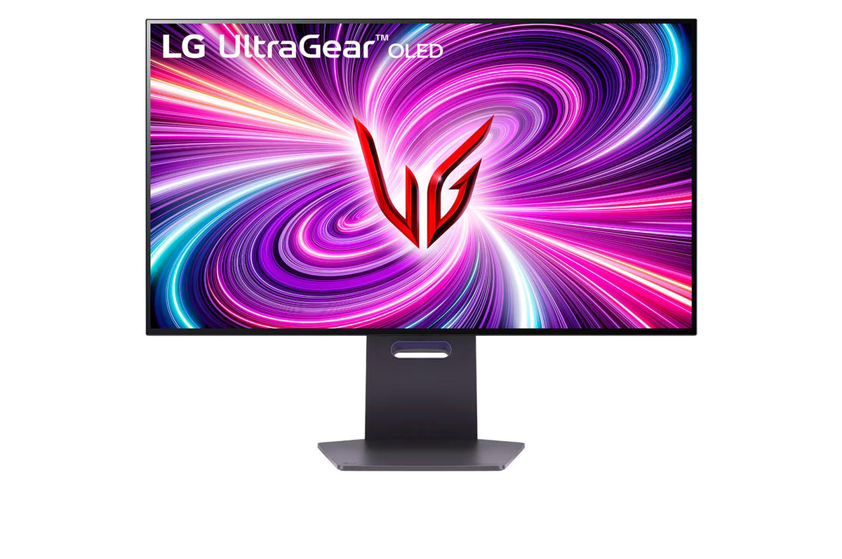 LG 32GS95UE-B Monitor előlnézetben talpon. A kijelzőn lg ultragear oled logó és kékes lila absztrakt fénycsóvák.