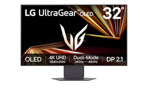 LG 32GX870A-B Monitor előlnézetben talpon. A kijelzőn a főbb paraméterek értékei és lg ultragear oled logó.