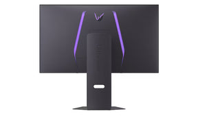 LG 32GX850A-B Monitor hátulnézetben talpon, RGB világítás bekapcsolva.