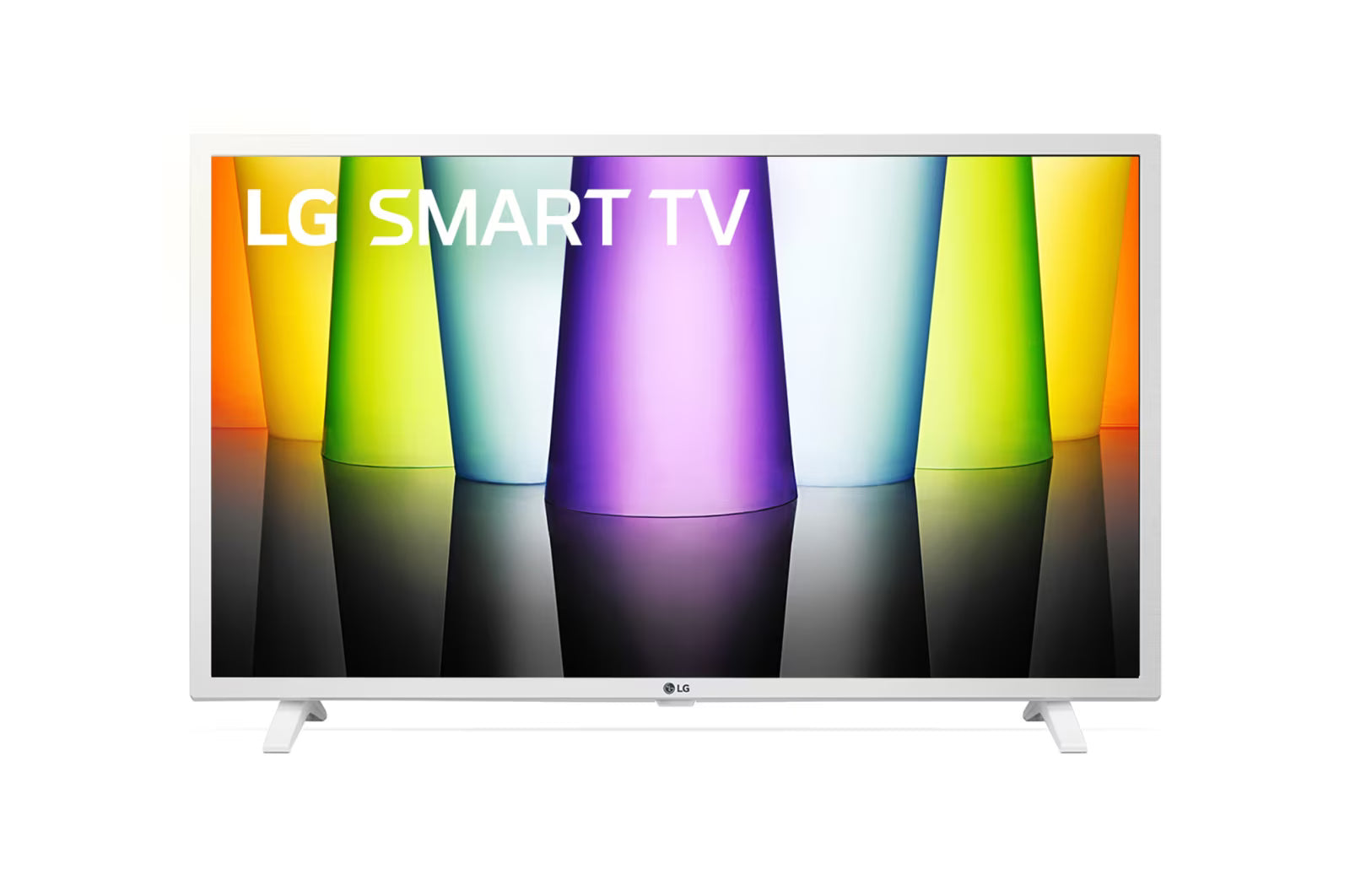 LG 32LQ6380 fehér Smart TV előlnézetben talpon. A kijelzőn színesárnyalatok és árnyékok.