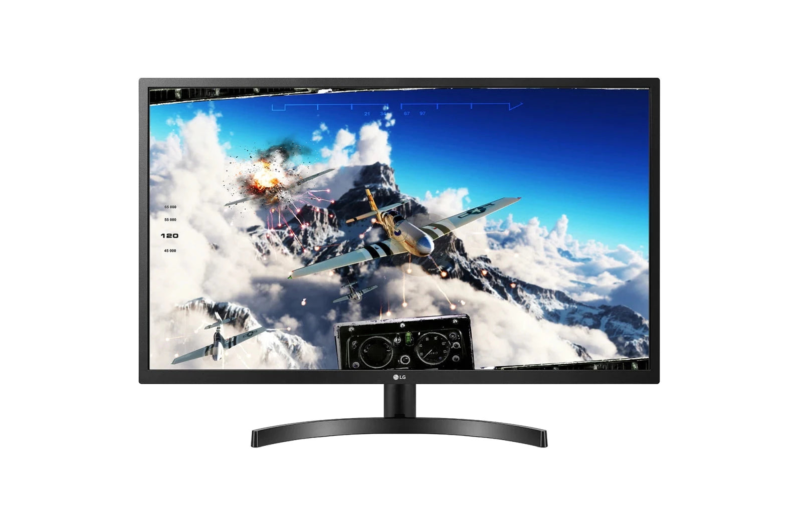 LG 32ML600M Monitor előlnézetben, talpon. A kijelzőn vadászgép szimulátor harci jelenet.