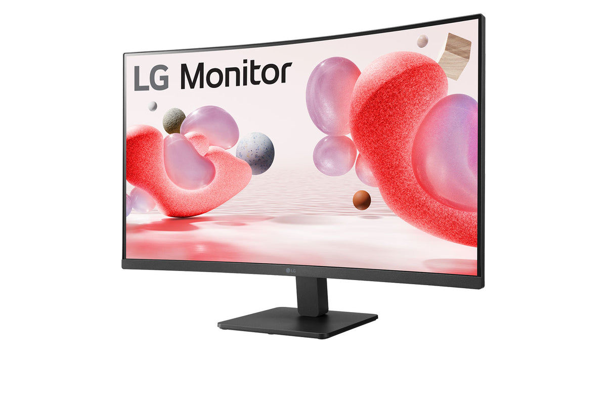 LG 32MR50C-B Monitor előlnézetben talpon, enyhén balra fordítva. A kijelzőn lg monitor logó és világos piros alakzatok vízfelszín felett.