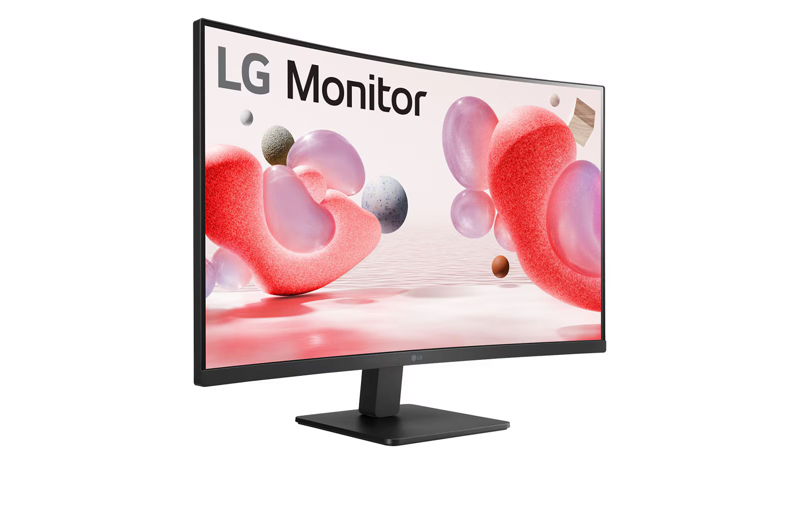 LG 32MR50C-B Monitor előlnézetben talpon, jobbra fordítva. A kijelzőn lg monitor logó és világos piros alakzatok vízfelszín felett.