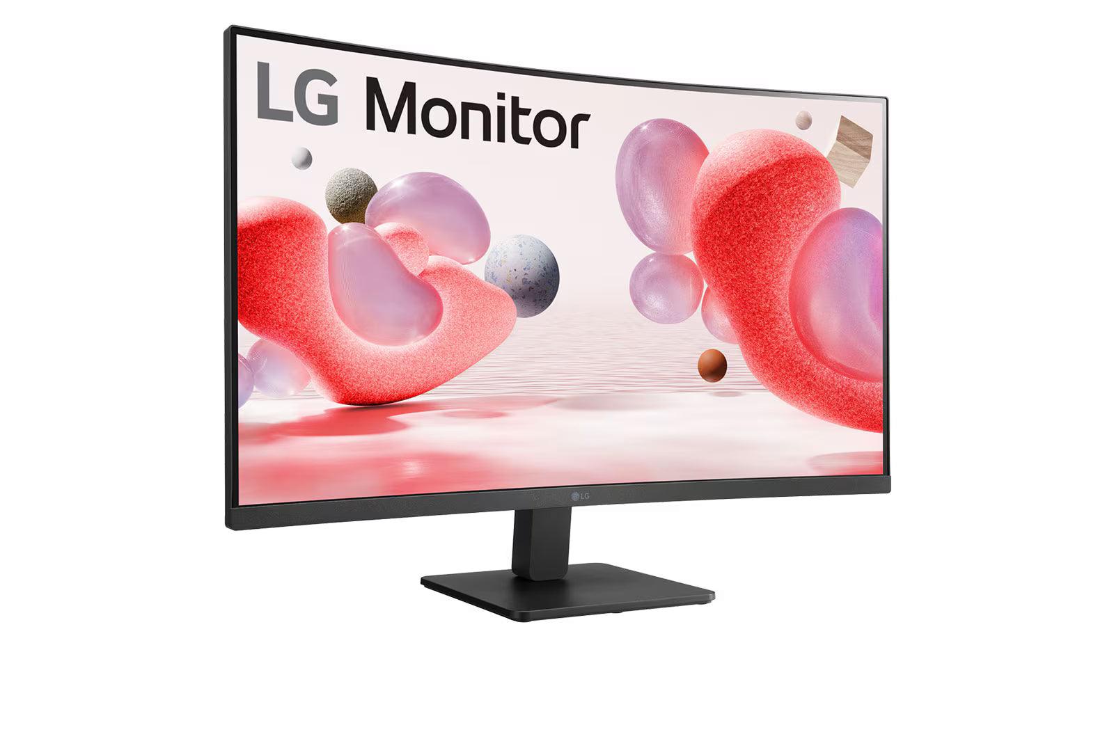 LG 32MR50C-B Monitor előlnézetben talpon, enyhén jobbra fordítva. A kijelzőn lg monitor logó és világos piros alakzatok vízfelszín felett.