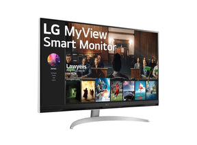 LG 32SQ700S Smart Monitor előlnézetben enyhén jobbra fordítva, talpon. A kijelzőn lg my view logó és netflix applikáció.