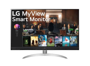 LG 32SQ700S Smart Monitor előlnézetben talpon. A kijelzőn lg my view logó és netflix applikáció.