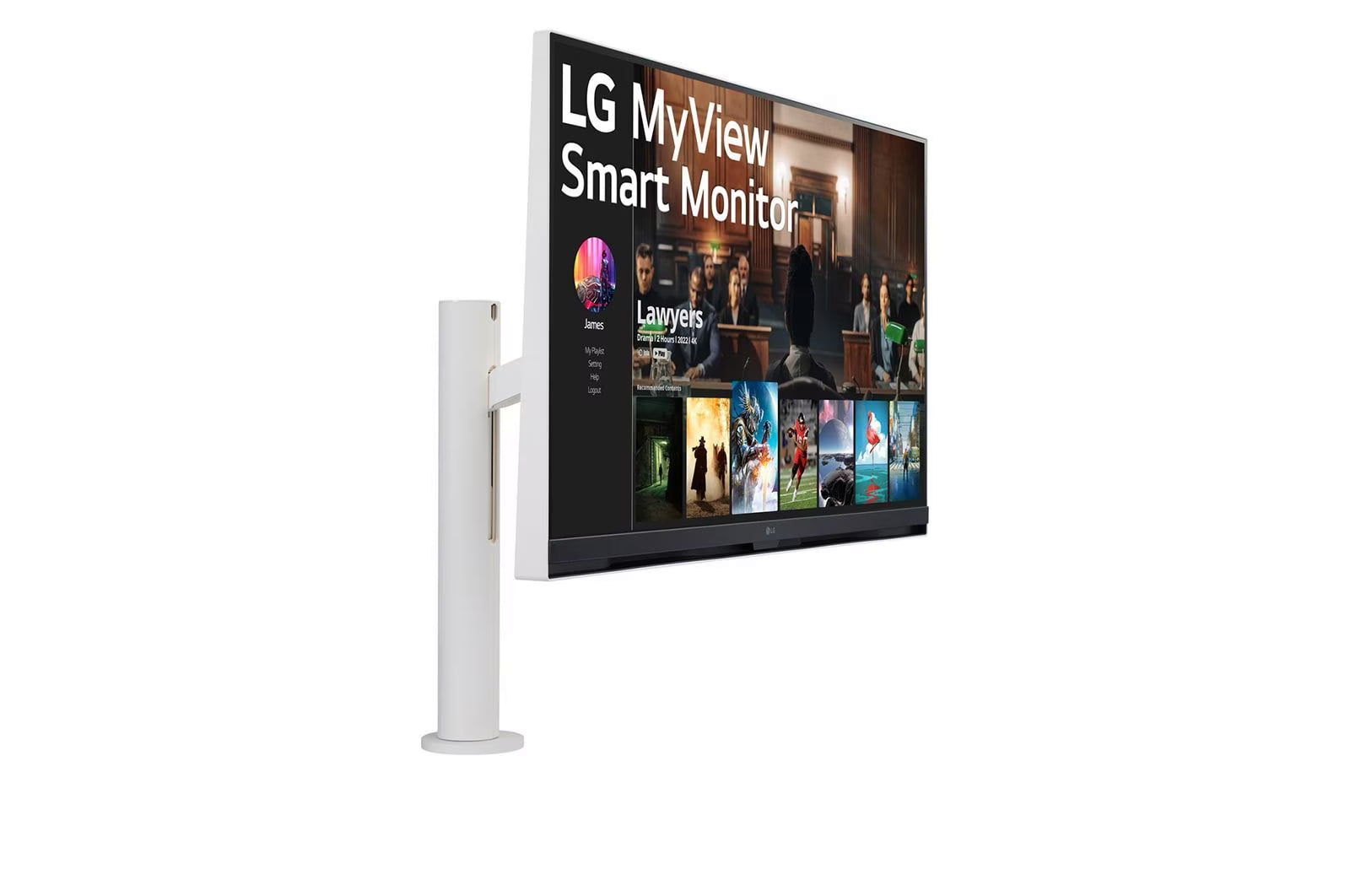 LG 32SQ780S Smart ERGO Monitor előlnézetben tartóra szerelve, jobbra fordítva. A kijelzőn lg my view logó és netflix applikáció.