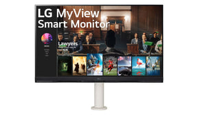 LG 32SQ780S Smart ERGO Monitor előlnézetben tartóra szerelve középre pozícionálva. A kijelzőn lg my view logó és netflix applikáció.