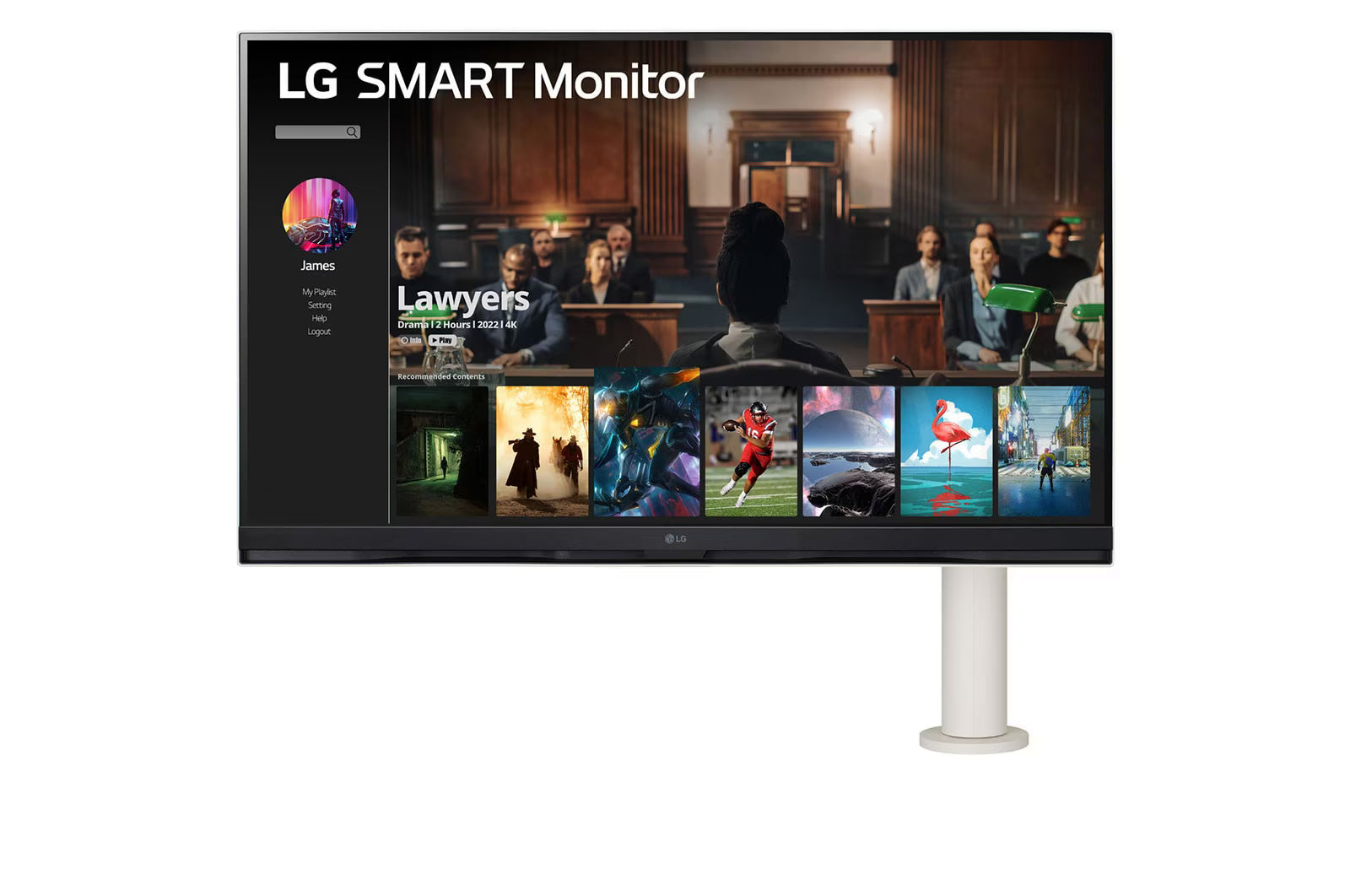 LG 32SQ780S Smart ERGO Monitor előlnézetben tartóra szerelve. A kijelzőn lg my view logó és netflix applikáció.