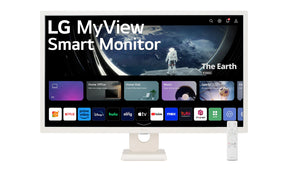 LG 32SR50F-W Monitor előlnézetben talpon. A kijelzőn WebOS kezdőképernyő és myview logó.