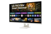 LG 32SR73U-W Monitor előlnézetben enyhén balra fordítva, talpon. A kijelzőn WebOS kezdőképernyő és myview logó.