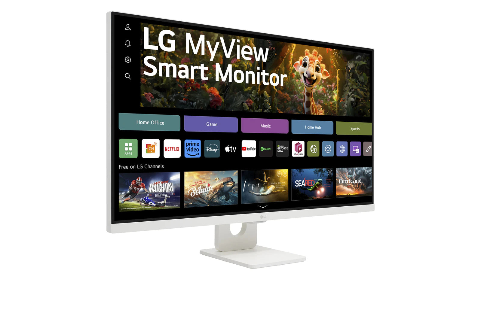 LG 32SR73U-W Monitor előlnézetben jobbra fordítva, talpon. A kijelzőn WebOS kezdőképernyő és myview logó.