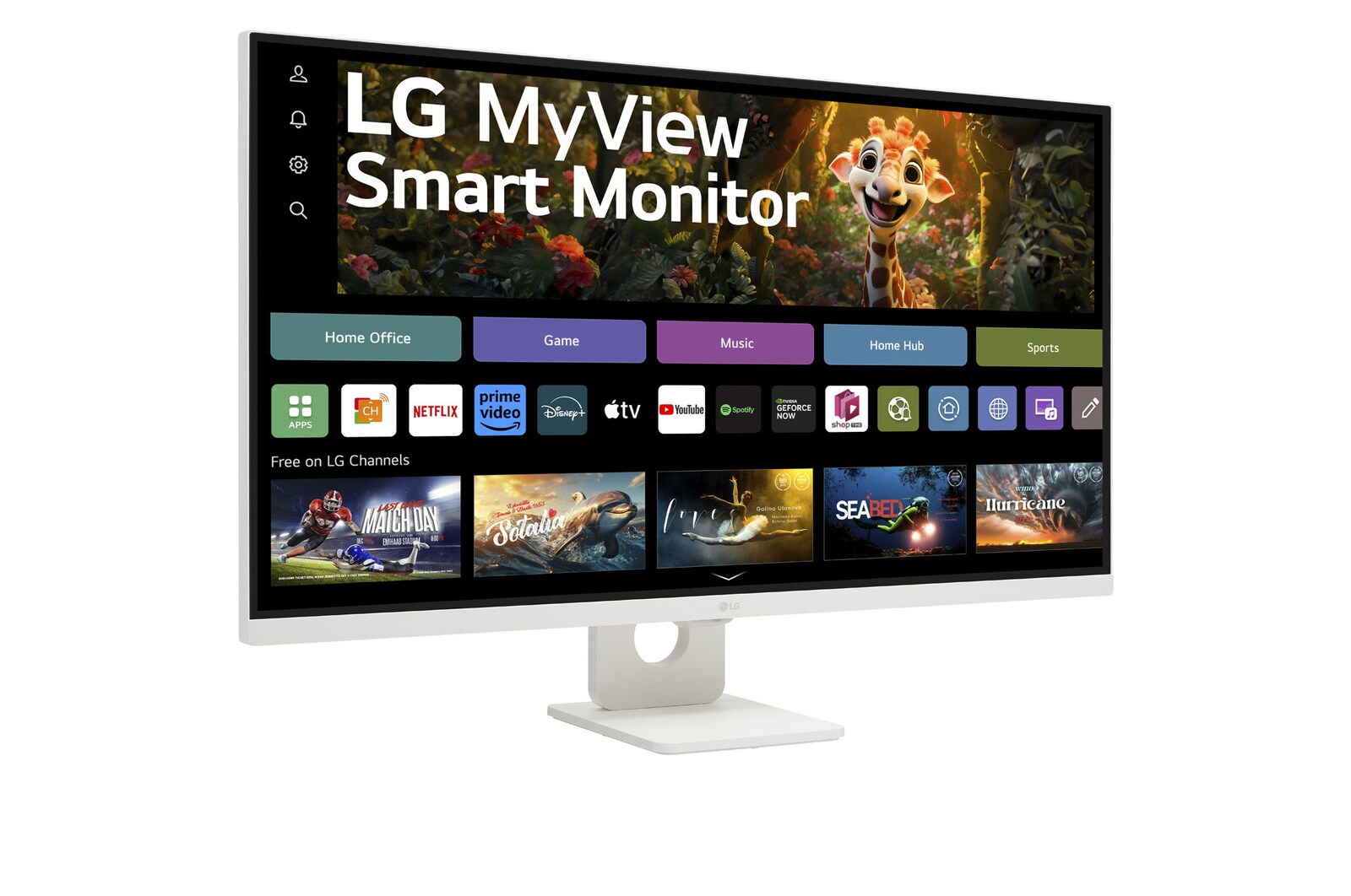 LG 32SR73U-W Monitor előlnézetben enyhén jobbra fordítva, talpon. A kijelzőn WebOS kezdőképernyő és myview logó.