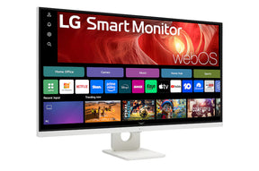 LG 32U721SA-W Monitor előlnézetben talpon, enyhén jobbra fordítva. A kijelzőn webos kezdőképernyő és applikációk ikonjai.