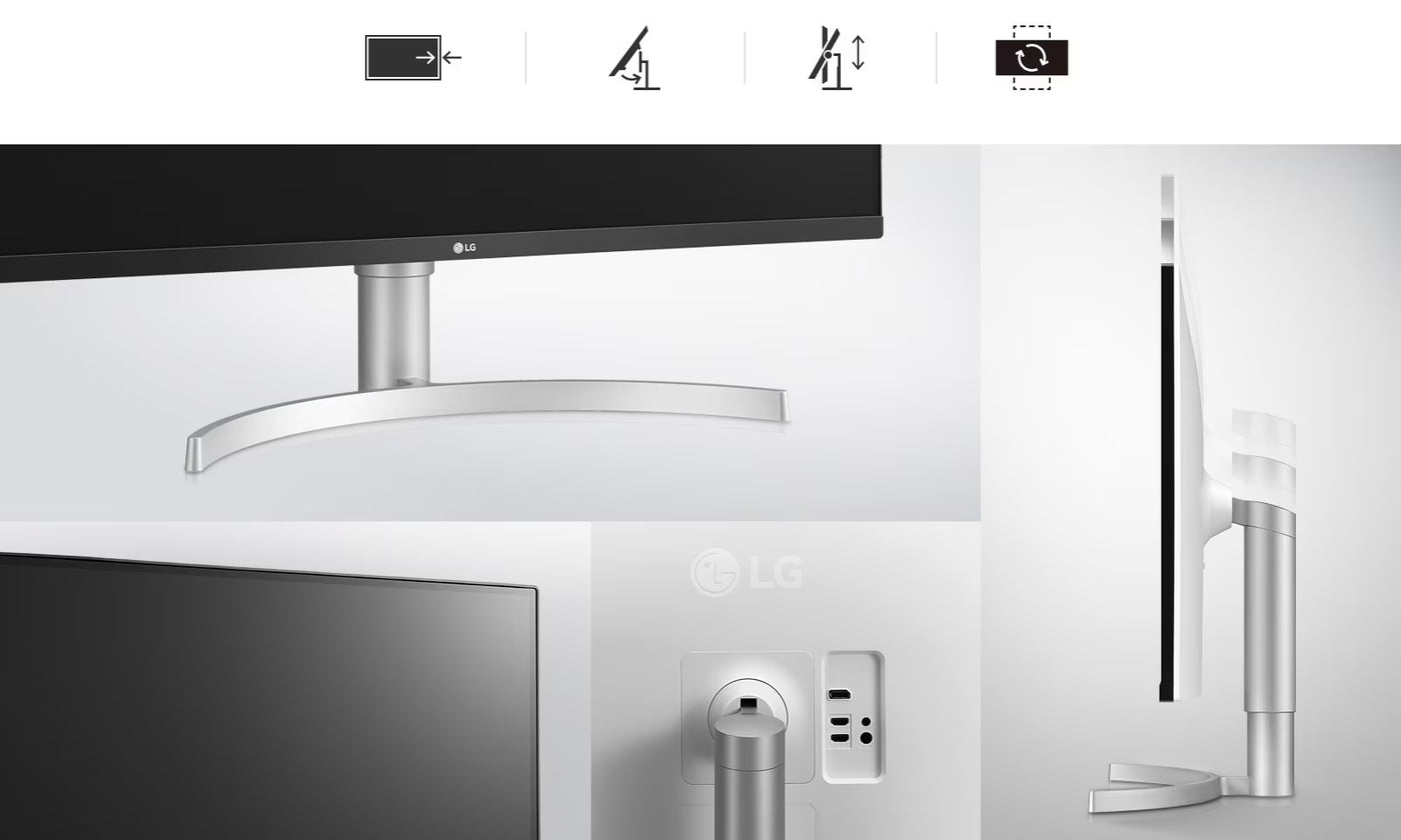 LG 32UN650-W monitor, gondos formatervezés,  állítható magasság és dőlésszög, pivot mód.