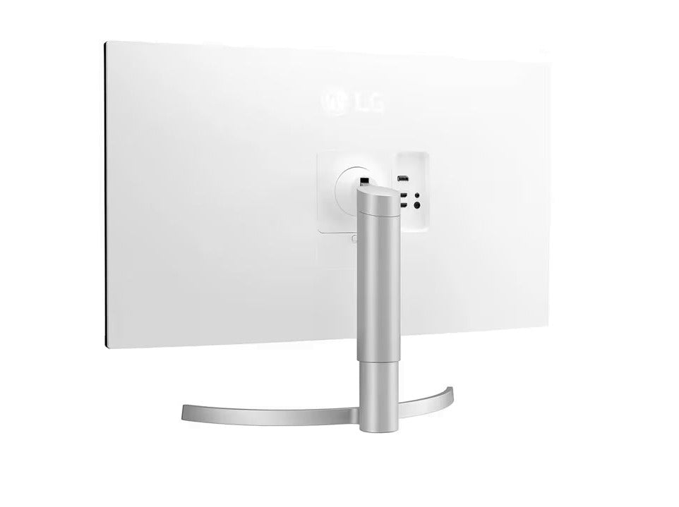 LG 32UN650-W Monitor oldalnézetben enyhén balra fordítva, talpon.