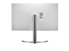 LG 32UQ750-W Monitor hátulnézetben, talpon.