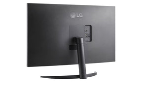 LG 32UR500K-W Monitor hátulnézetben enyhén balra fordítva, talpon.