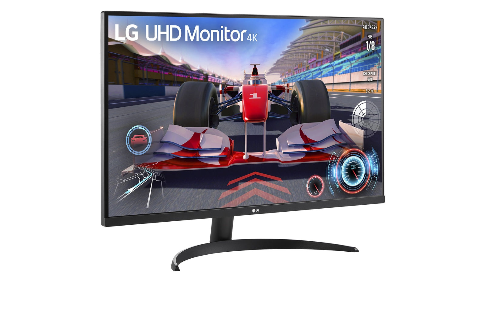 LG 32UR500K-W Monitor előlnézetben enyhén jobbra fordítva, talpon. A képernyőn forma 1 szimulátor és lg uhd logó.