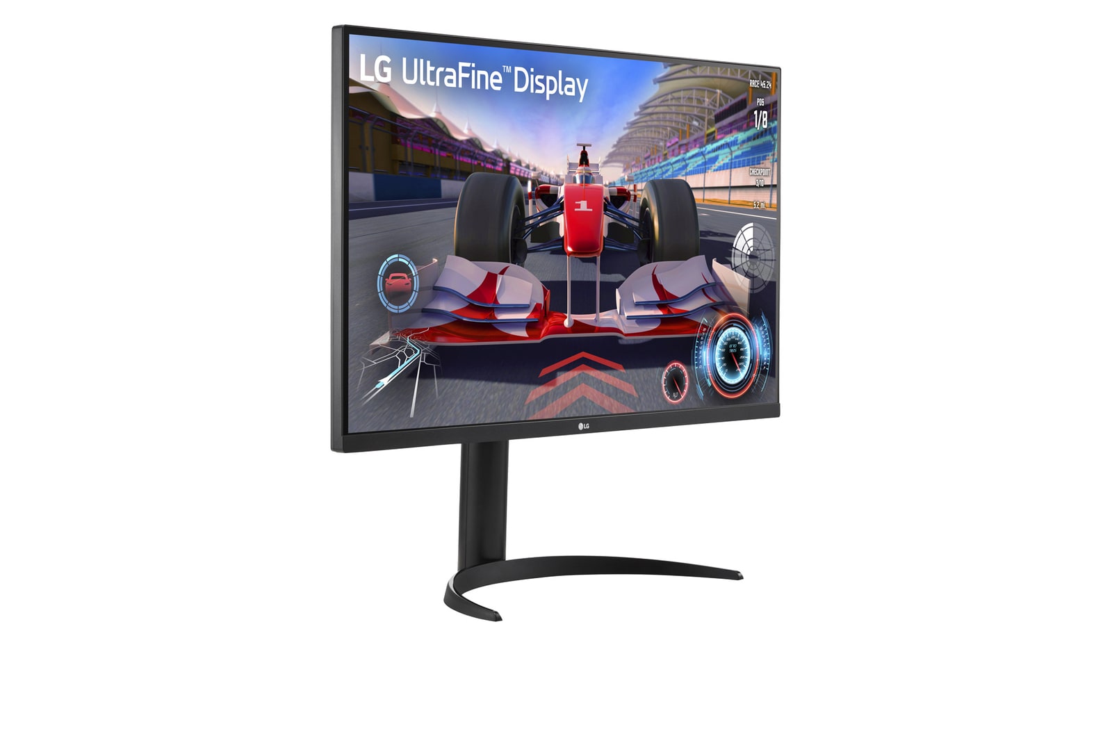 LG 32UR550K-W Monitor előlnézetben  jobbra fordítva, talpon. A képernyőn forma 1 szimulátor és lg uhd logó.