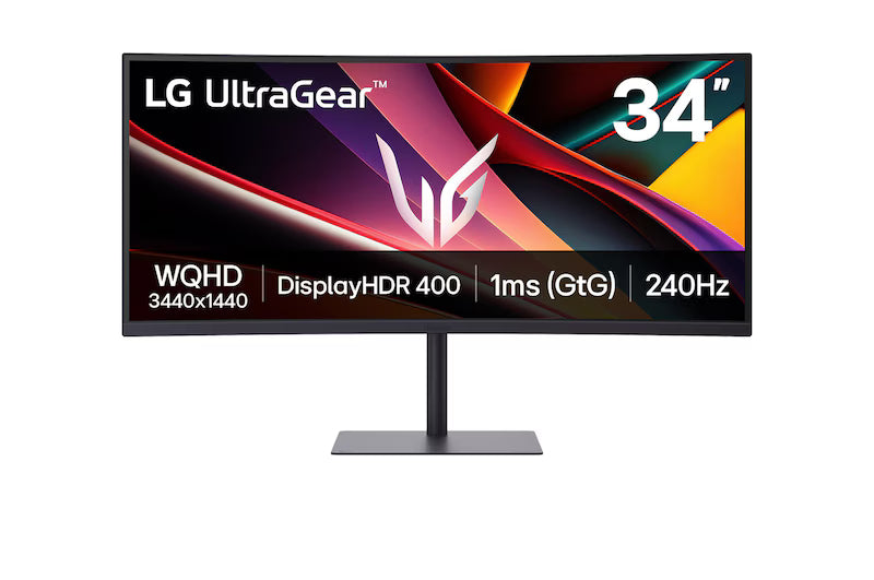 LG 34G630A-B Monitor előlnézetben talpon. A kijelzőn zöldes piros absztrakt ábra lés ultragear logó és a főbb paraméterek.