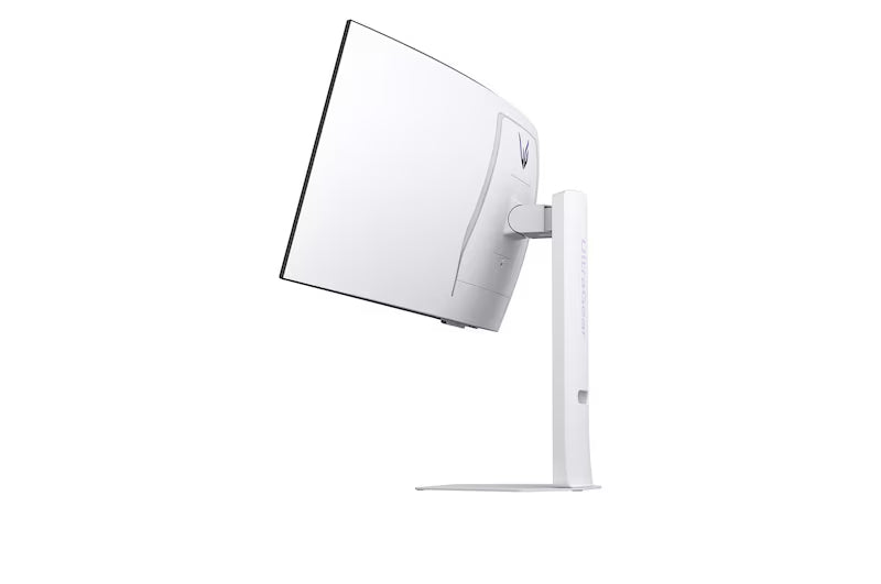 LG 34GX90SA-W monitor oldalnézetben talpon, felfelé néző panellel.