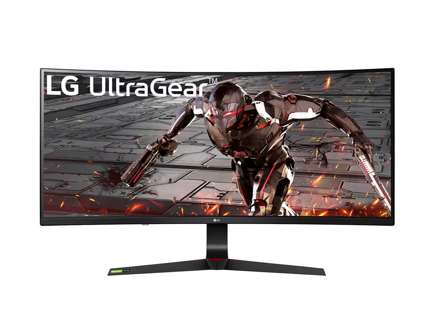 LG 34GN73A-B Monitor előlnézetben, talpon. A kijelzőn főhős robot 2 pisztollyal a kézben és lg ultragear logó.