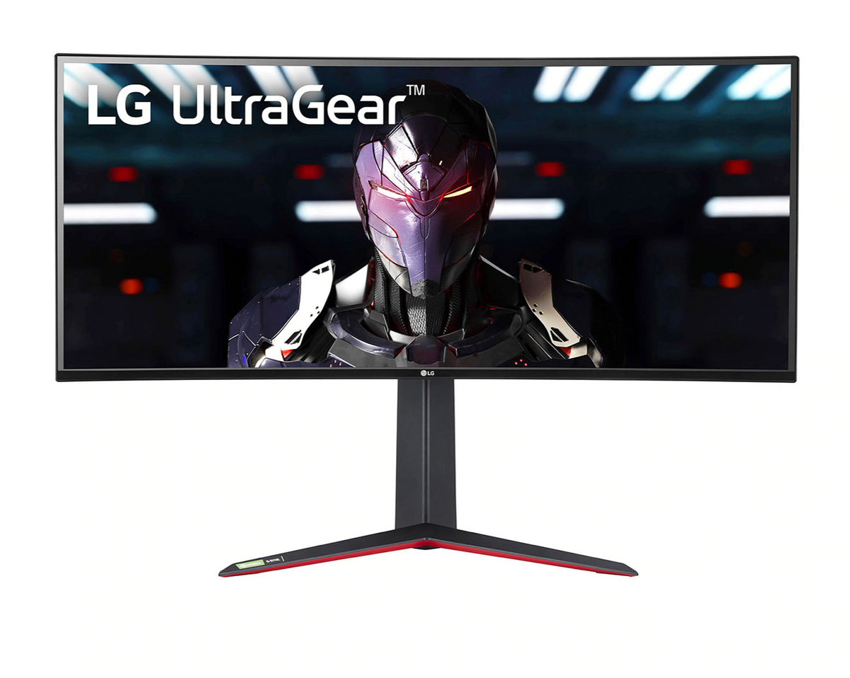 LG 34GN850P-B Monitor előlnézetben, talpon. A kijelzőn robot főhős és lg ultragear logó.