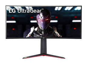 LG 34GN850P-B Monitor előlnézetben, talpon. A kijelzőn robot főhős és lg ultragear logó.